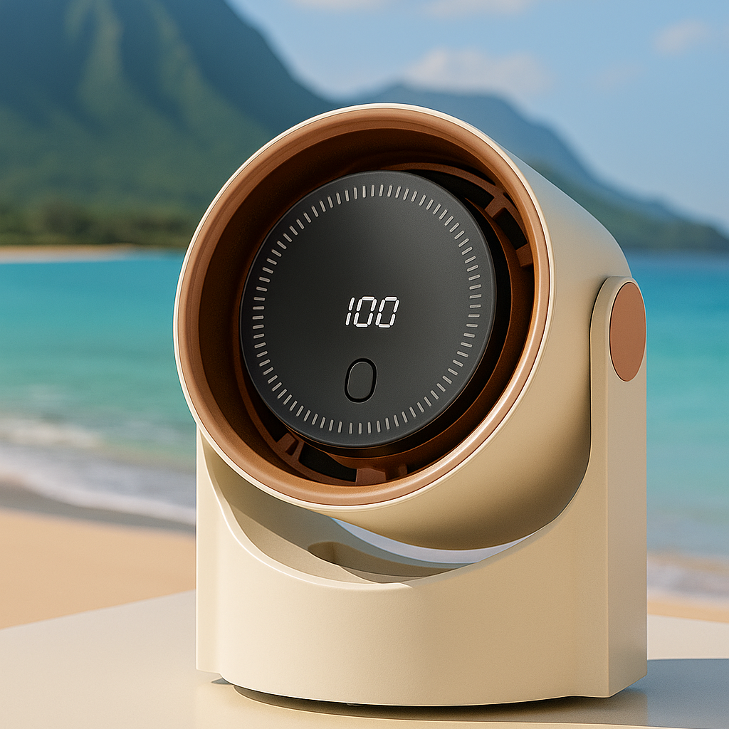 Ventilateur intelligent sans lame beige et marron, design élégant et compact, silencieux, 100 vitesses réglables, alimentation USB – parfait pour le bureau, la maison ou en déplacement.