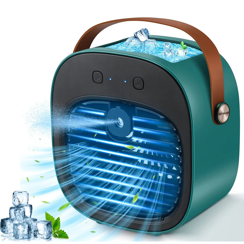 Mini climatiseur vert portable 2-en-1 avec fonction humidificateur, 3 vitesses réglables, réservoir de 180 ml, batterie rechargeable 4000 mAh, design compact, silencieux et écologique, parfait pour maison, bureau ou extérieur.