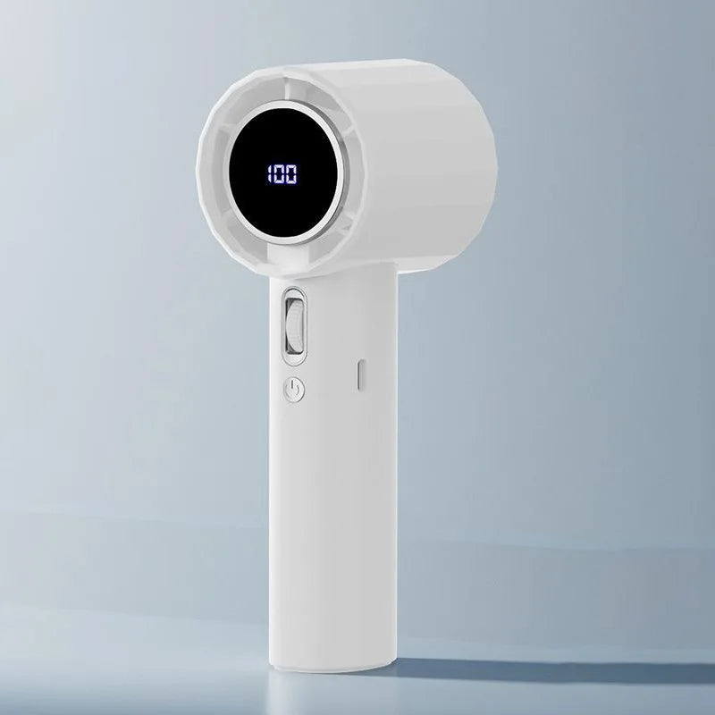 Mini ventilateur blanc portable, silencieux et compact, réglage sur 100 vitesses, recharge USB, idéal pour le bureau, la maison ou en déplacement, design moderne et léger pour un rafraîchissement instantané.