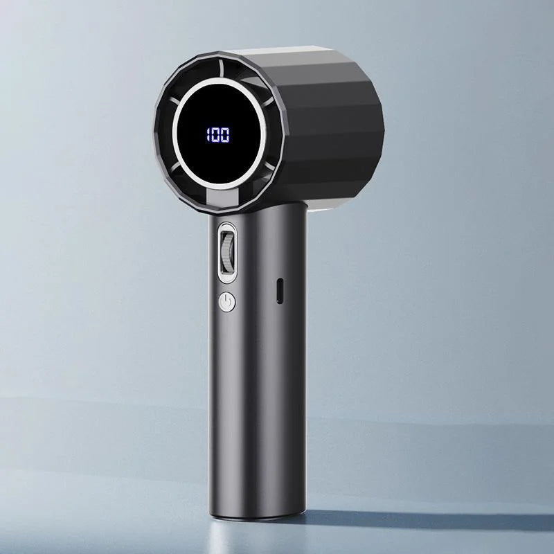 Mini ventilateur noir portable, silencieux et compact, réglage sur 100 vitesses, recharge USB, idéal pour le bureau, la maison ou en déplacement, design moderne et léger pour un rafraîchissement instantané.