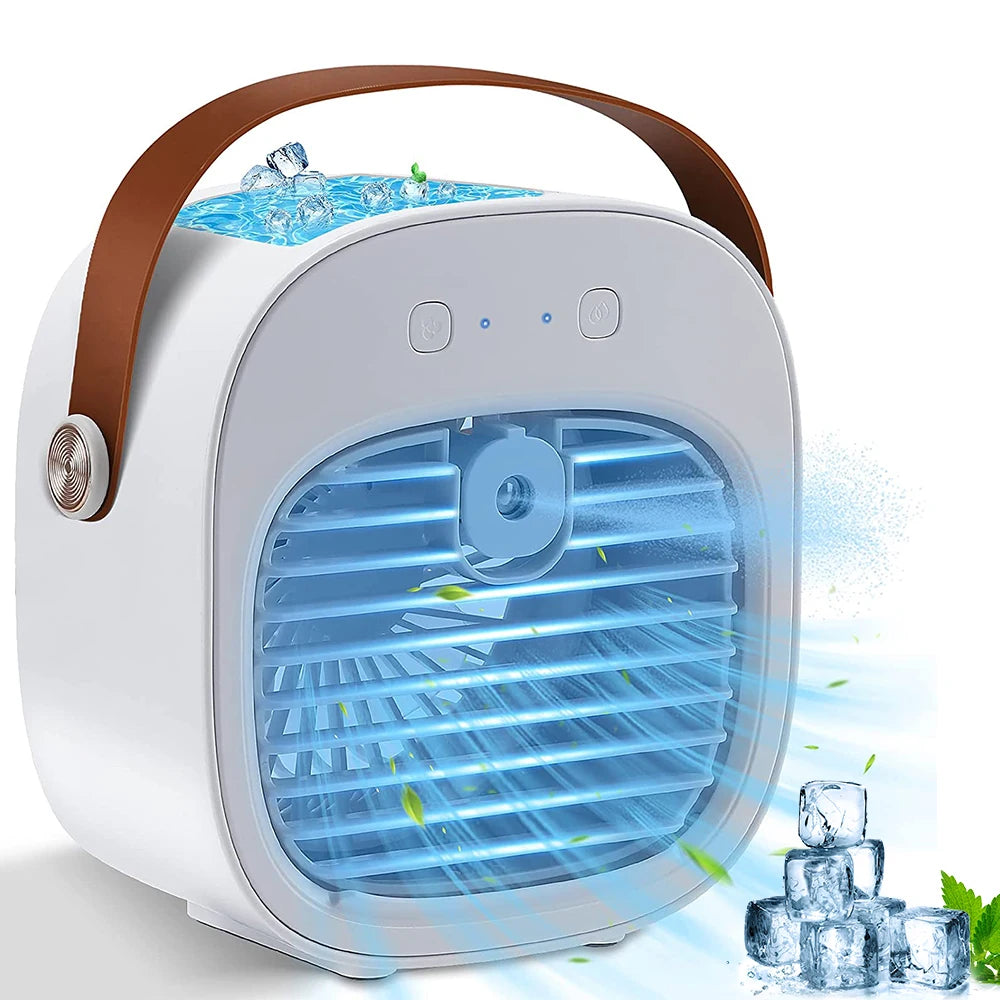 Mini climatiseur blanc portable 2-en-1 avec fonction humidificateur, 3 modes de refroidissement, réservoir de 180 ml, batterie rechargeable 4000 mAh, silencieux et compact, idéal pour maison, bureau, voiture ou camping.