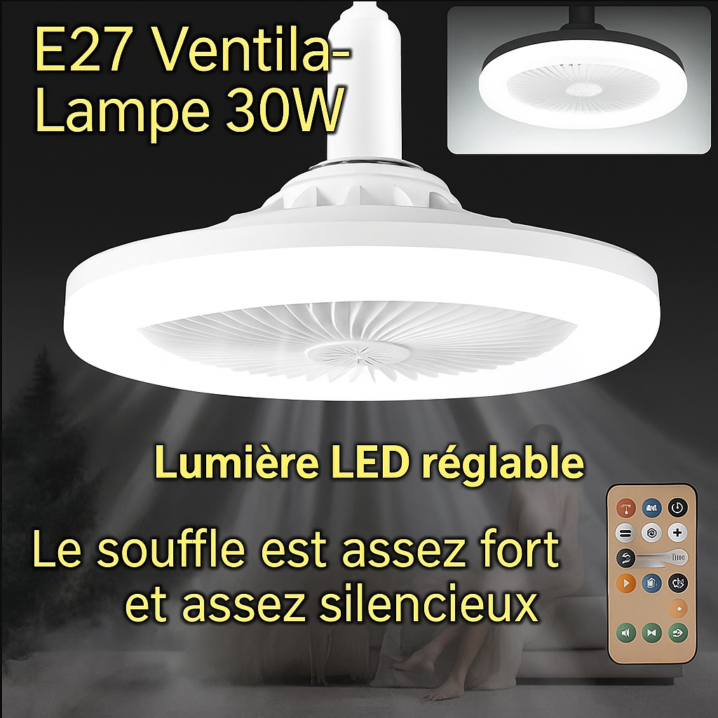 Ventilateur de plafond moderne avec lumière LED intégrée, style minimaliste, 3 vitesses de ventilation, dimmable, télécommande, silencieux, idéal pour salon, chambre ou bureau.