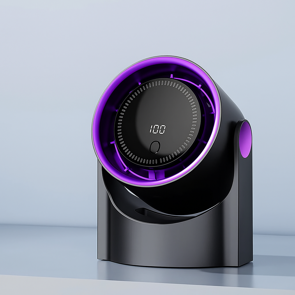 Ventilateur intelligent sans lame gris et violet, design moderne, portable, silencieux, avec réglage 100 vitesses et port USB – idéal pour maison, bureau ou voyage.